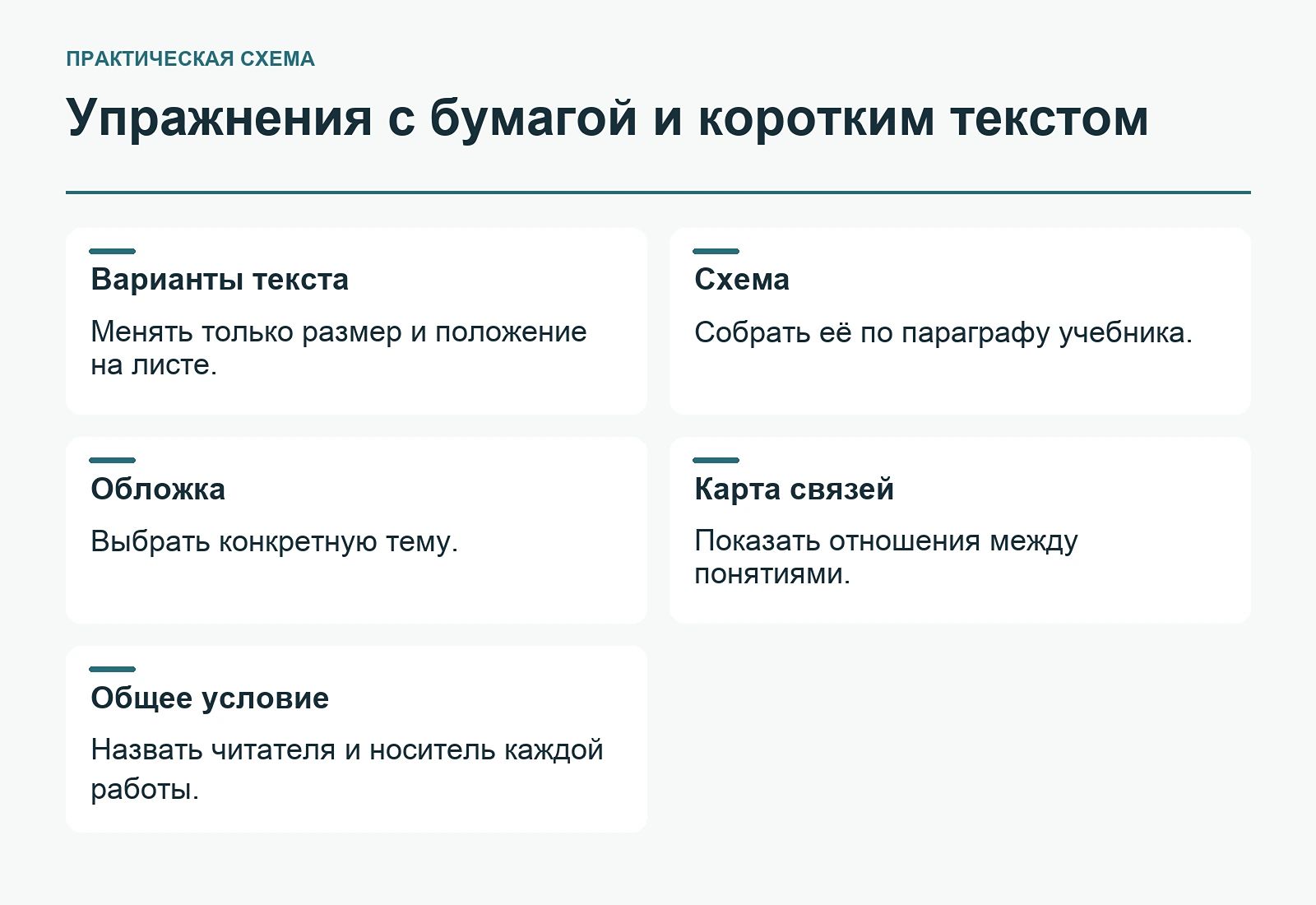 Упражнения с бумагой и коротким текстом